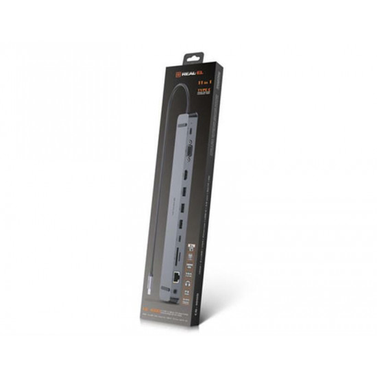 USB-хаб REAL-EL CQ-1000 USB3.0х3/USB-C/HDMI/VGA/RJ45/SD/TF/3.5 mm audio, 0.4m, Space Grey