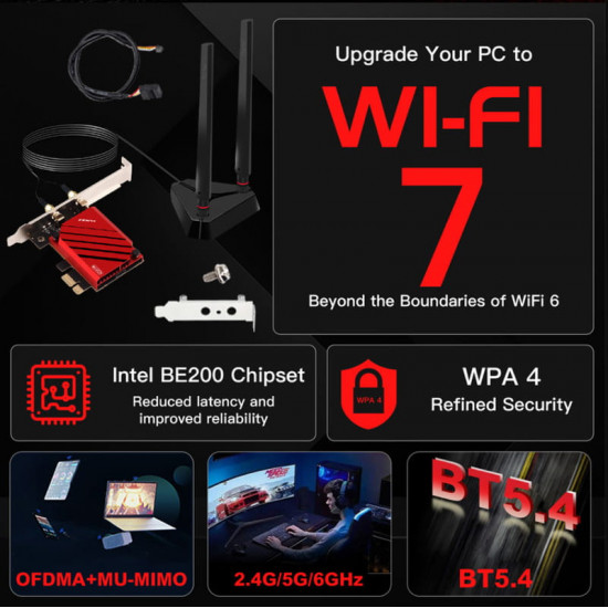 Бездротовий адаптер Fenvi FV-BE8800Pro Wi-Fi 7, Bluetooth 5.4 Gaming Tri Band 2.4G/5G/6GHz